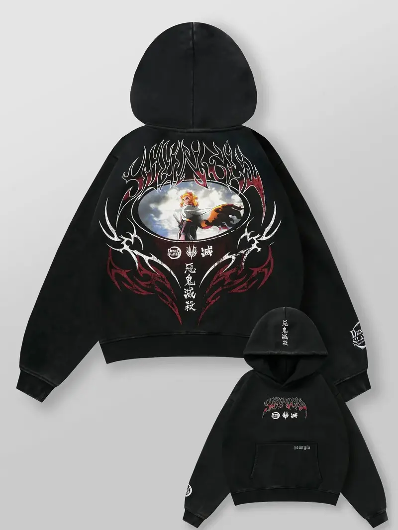 Youngla Demon Slayer Kimetsu no Yaiba Set Your Heart Ablaze Hoodie – Japanese Anime Manga Graphic Sweatshirt, Vintage Hip Hop Y2K Streetwear Pullover Hooded Top for Men Women, Casual Everyday Fashion, Fall Winter Gift