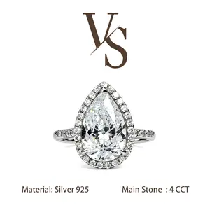[Venus Jewelry] Lab Created Gemstone 4 CCT Pear Shape Halo Design Solid Silver 925 Solitare Ring