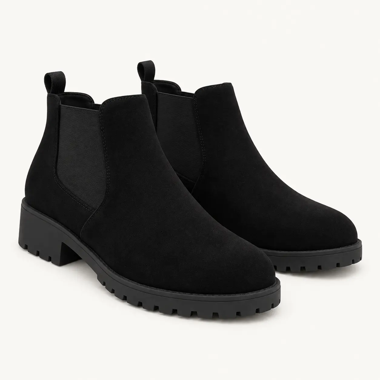 Geeyea women's Black Chelsea Ankle Boots, Round Toe Low Block Heel Boots with Elastic Side Panels, Pull Tab & Lug PVC Sole, Casual Dress Boots for Office, Daily Wear, Travel & Fall Winter Outfits.