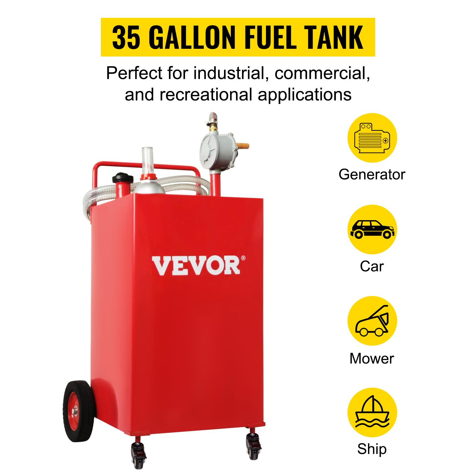 VEVOR Fuel Caddy, 35 Gallon, Gas Storage Tank on 4 Wheels, with Manuel Transfer Pump, Gasoline Diesel Fuel Container for Cars, Lawn Mowers, ATVs, Boats, More, Red Bottles Hand
