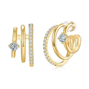 MINDDHA 14K Gold Plated Triple Hoop Earrings for Women - Sterling Silver Post - 10X Thicker Plating with Sparkling Cubic Zirconia - Hypoallergenic Statement Earrings Stud Gift for Her 20x10 mm