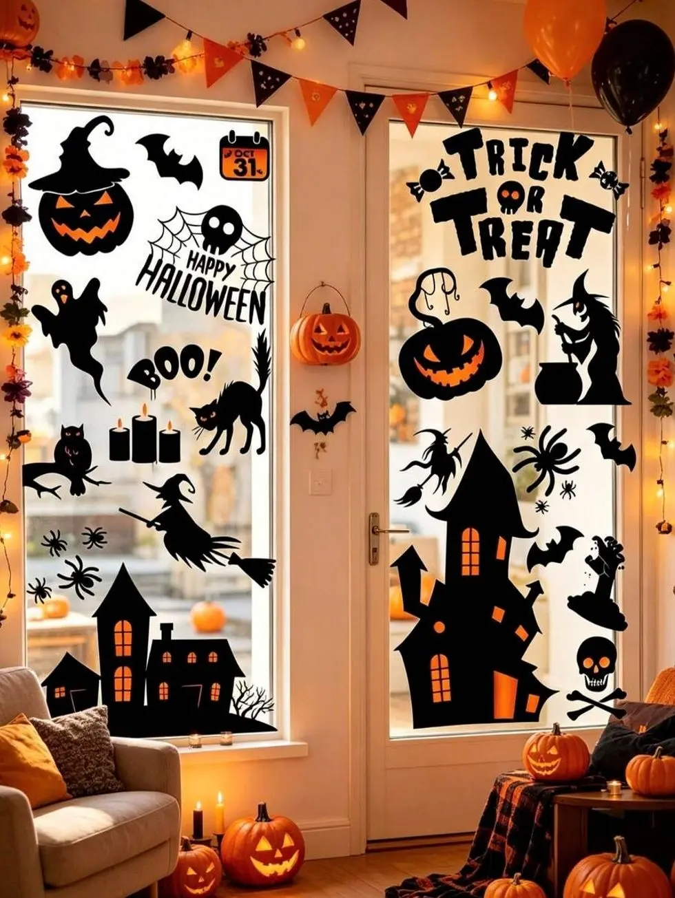 6pcs Large Halloween Window Stickers, Vintage Ghost Pumpkin & Black Cat Decals, Reusable Halloween Wall Decor for Home, Kitchen, Party, Restaurant, Haunted House, Autumn Fall & Trick or Treat