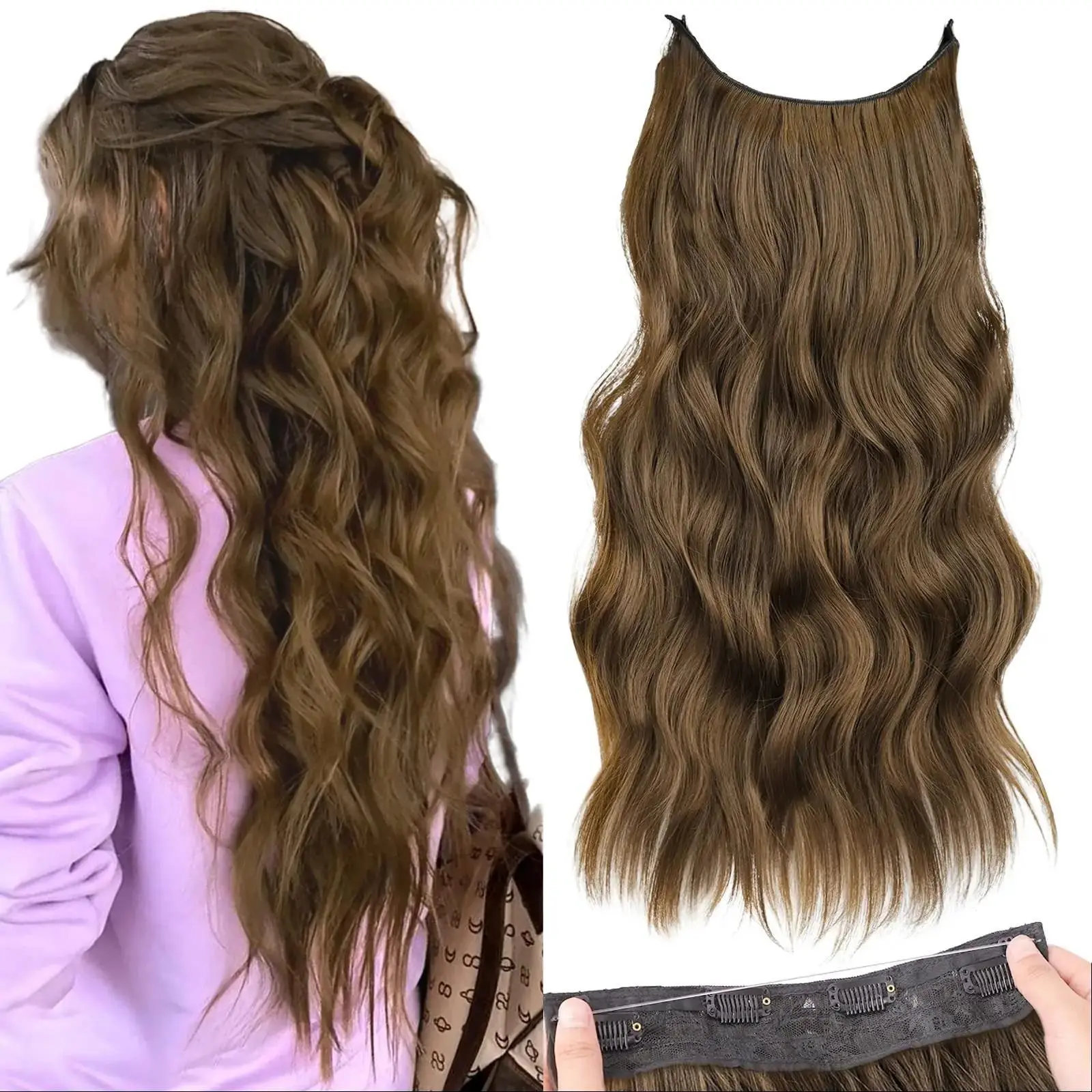 AISI HAIR Invisible Wire Hair Extensions with Transparent Wire Long Wavy Synthetic Hairpiece 20 Inch halo hair extensions clip