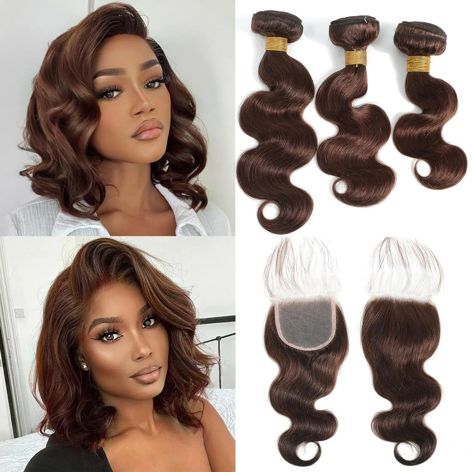 summervibes Brazilian Body Wave Bundles with Closure (12 14 16+12) grossy hair bundles 10A Light Brown Body Wave Human Hair Bundles with Lace Closure Raw human hair bundles Brazilian Virgin Hair 3 Bundles with Lace Closure with Baby Hair