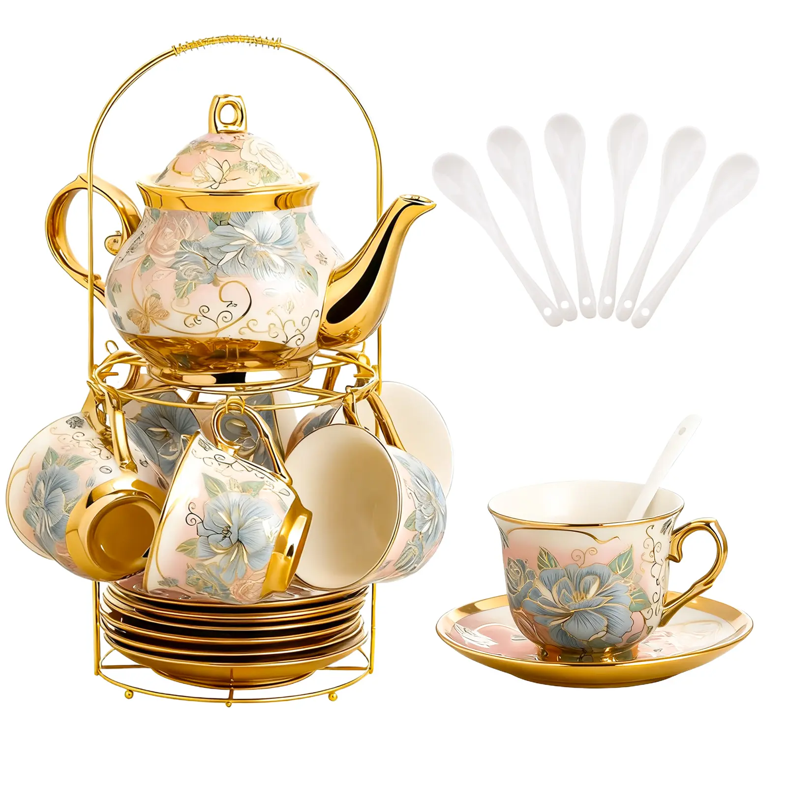 Luxury Glossy Porcelain Tea Set - 20-Pack European Retro Floral Print, Metal Holder, 6-Person Serving, 700ml Teapot, 160ml Round Cups, Saucers, Spoons, Gold Trim Shine, Blue Pink, for Adults, Christmas, Family Gathering, Outdoor Patio, Birthday