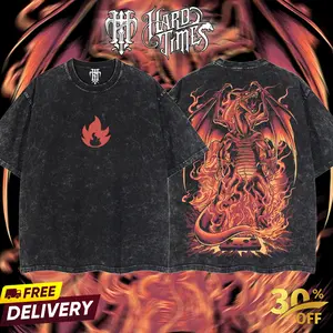 Men's Acid Washed Heavyweight Oversize Digital Print PKM Charizad Pocket Monster Type Retro Manga T-Shirt, Merch, Gift For Anime Fans