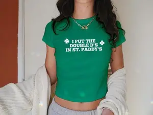 [Sale Up To 50%] Funny St Patrick's Day Baby Tee, Y2K St Paddys Crop Top, Vintage 90s Womens Retro Shirt, Funny Irish Shirt, I Put The Double D's Womens Graphic Tee