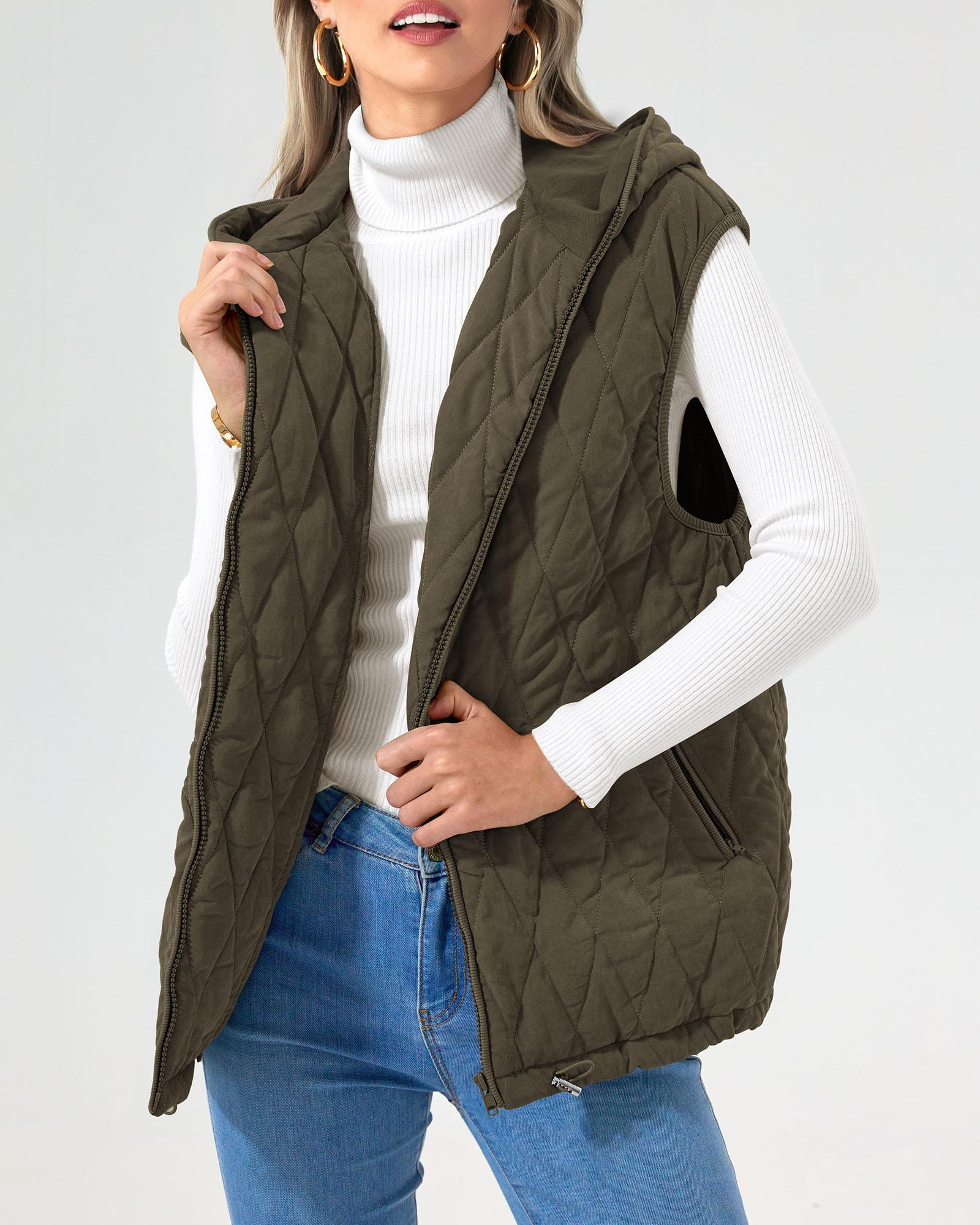 PrettyGarden Women's Quilted Vest Casual Sleeveless Hooded Zip Up Diamond pattern Jacket With Pockets Winter Coat Outerwear Minimalist Top