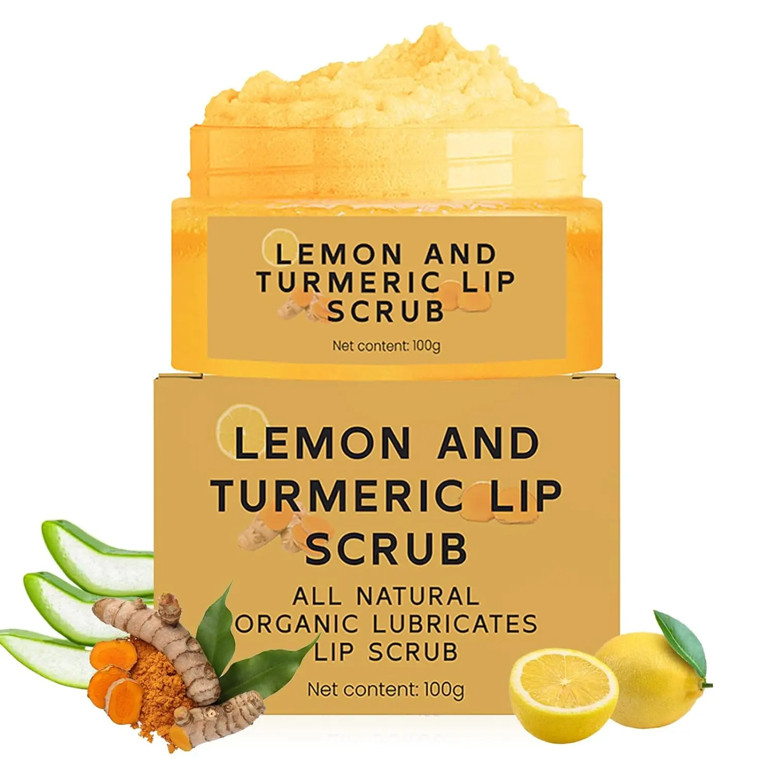 Turmeric Lemon Lip Scrub for Dark Lips, Turmeric Lemon Lip Exfoliator Nourishing Sugar Lip Scrub with Aloe Vera Gentle Exfoliant for Dry and Chapped Lips Hydrates & Fade Lip Lines 100g