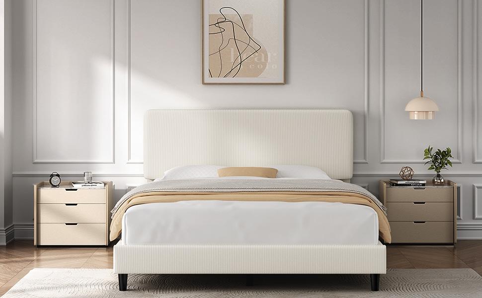 Yaheetech Bed Frames with Adjustable Headboard, Chenille Fabric Upholstered Headboard/Platform Bed, No Box Spring Needed/Wood Slats Support/Easy Assembly