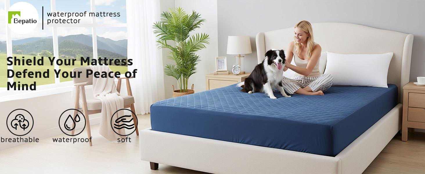 Bepatio Mattress Cover Waterproof, Deep Pocket Mattress Pad Protector Fits to 6''-16'', Breathable Hollow Cotton Filling Quilted Mattress Protector for King Size,Hotel
