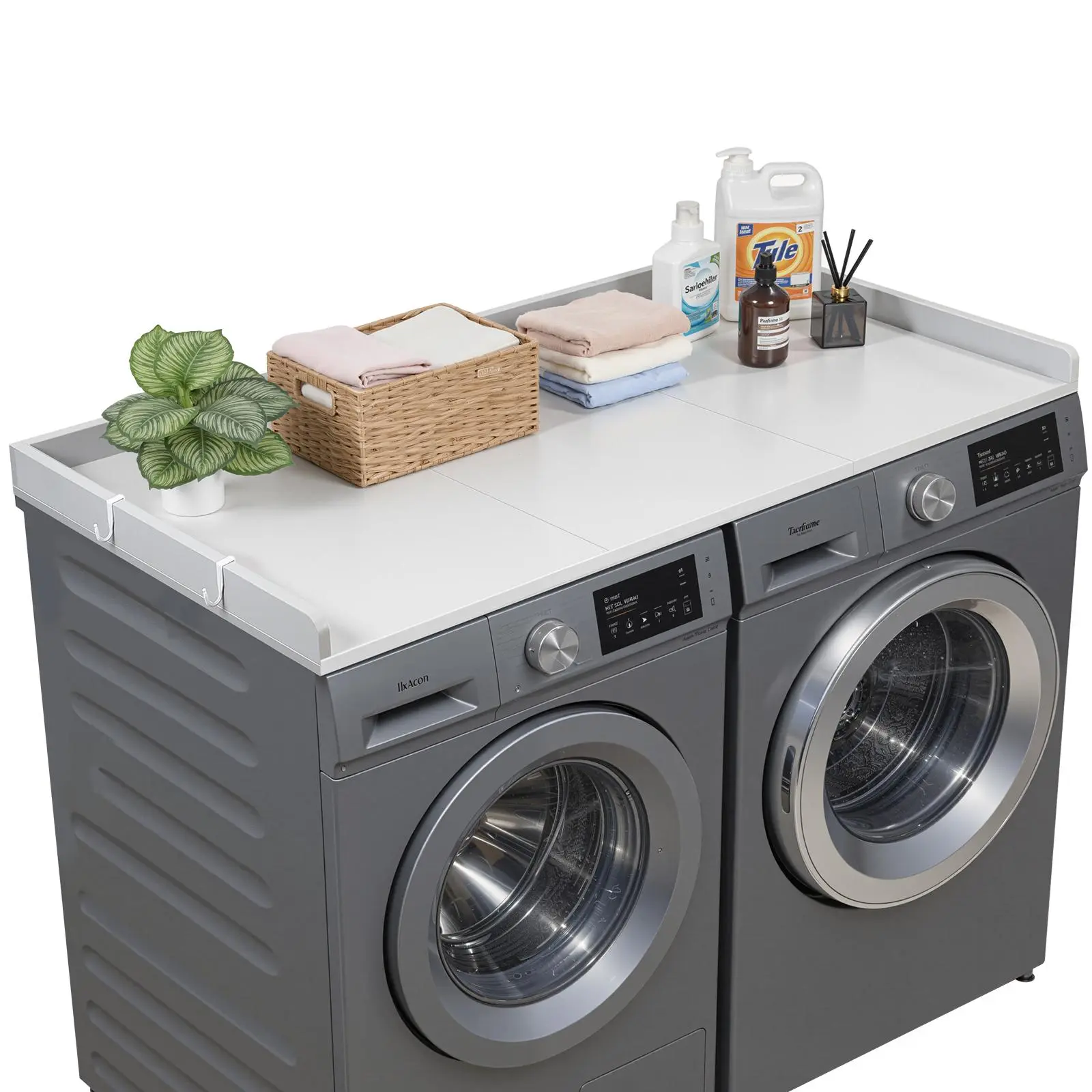 【Summerfinds】VEVOR Wooden Washer Dryer Countertop - 54x27.5 in Home Appliance Topper with Edge & 2 HooksWater-Resistant for Multifunction Washing MachineClothes Dryer ComboWashing StationsGray, Clothes Dryer, Laundry Room