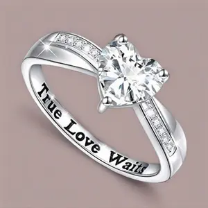 True Love Waits Heart Promise Ring - 1.5ct Heart-Cut Moissanite, Silver-Plated, Comfort Fit, Sparkling & Elegant, Perfect for Weddings & Everyday Wear Sterling Cluster single Broadband Zinc Alloy toe zircon romantic black band s925 silver prong inlay coin