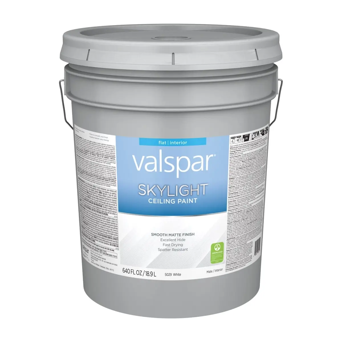 Valspar 028.0015029.008 5 Gal Skylight Acrylic Latex Paint - White, Greenguard Gold Certified, Fast Drying, Excellent Hide, Ceiling Cover, Flat Finish, Mold Resistant, Spatter-Resistant, Stain Blocking, For Properly Prepared Textured Ceiling Surfaces