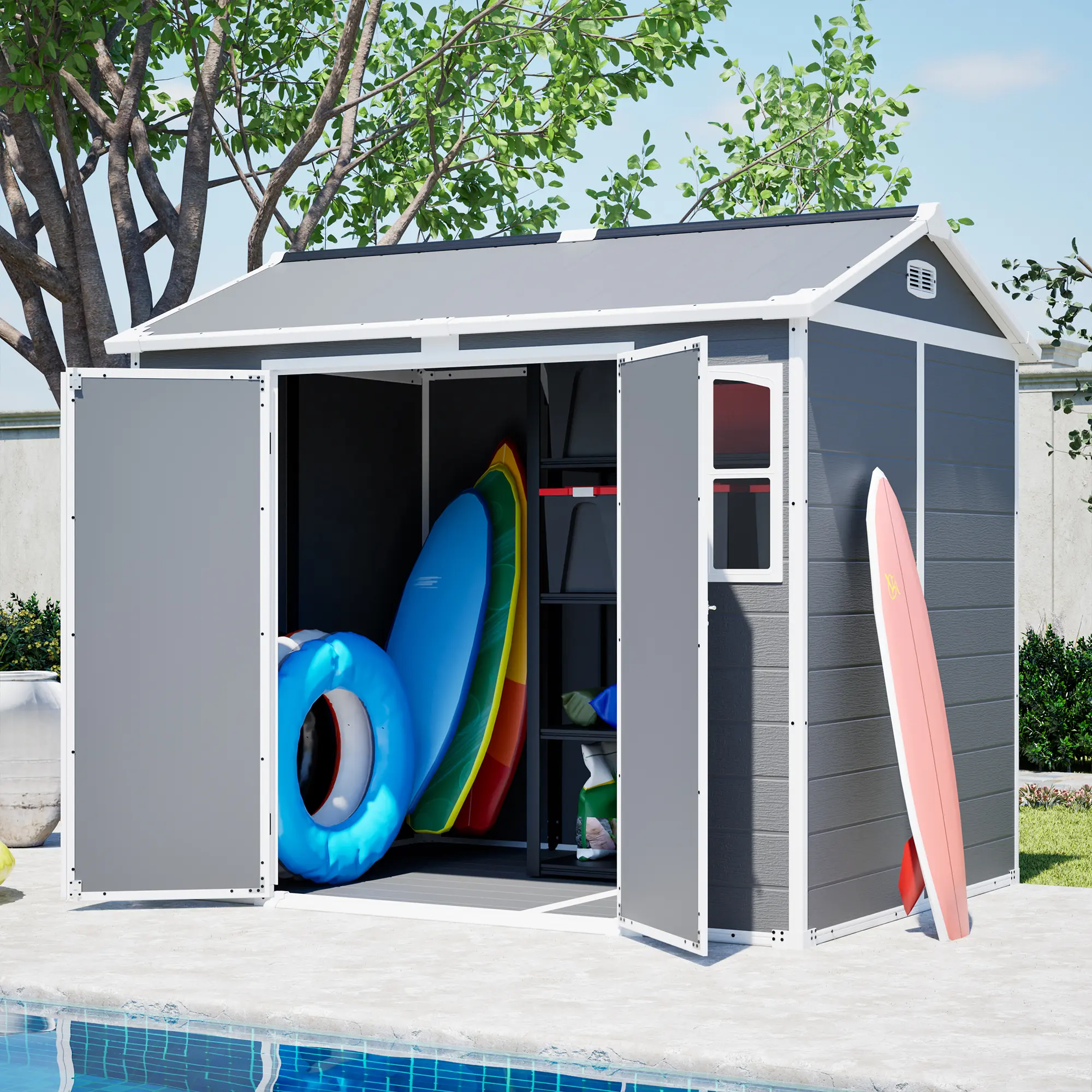 Heavy Duty 8x6 FT Plastic Utility Storage Shed with Lockable Doors and Built-in Floor, All-Weather Outdoor Garden Shed for Tools, Trash Bins, Lawn Equipment in Gray-White