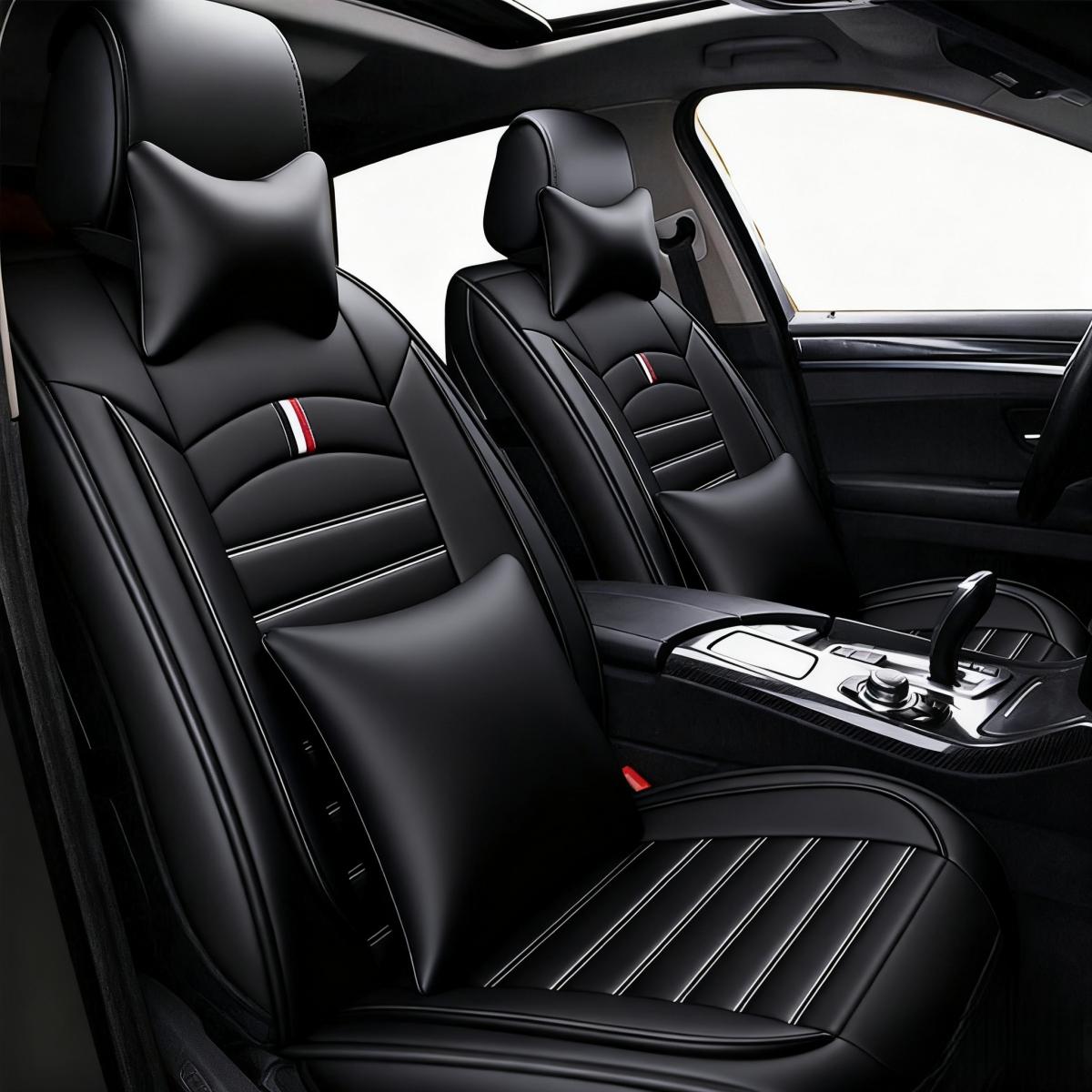 Premium Napa PU Leather Car Front Rear Seat Cover Full Set 5 Seat Protector Mat Breathable Cushion Pad Set Universal ,Full Surround Design with Storage Bag, with 2pcs Head Pillow and 2pcs Waist Pillow - Valentine's Day Gift For Lover