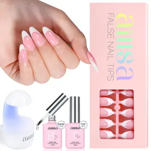 Aillsa Almond French Tip Nails Set - 180pcs Classic Nude Soft Gel Nail Tips in 15 sizes, Mini UV Lamp, Base coat and Top coat, Easy to Wear Soak Off Acrylic Fake Nails Extensions DIY press Nail Art at home Birthday Gift For Women gel nail nail glue