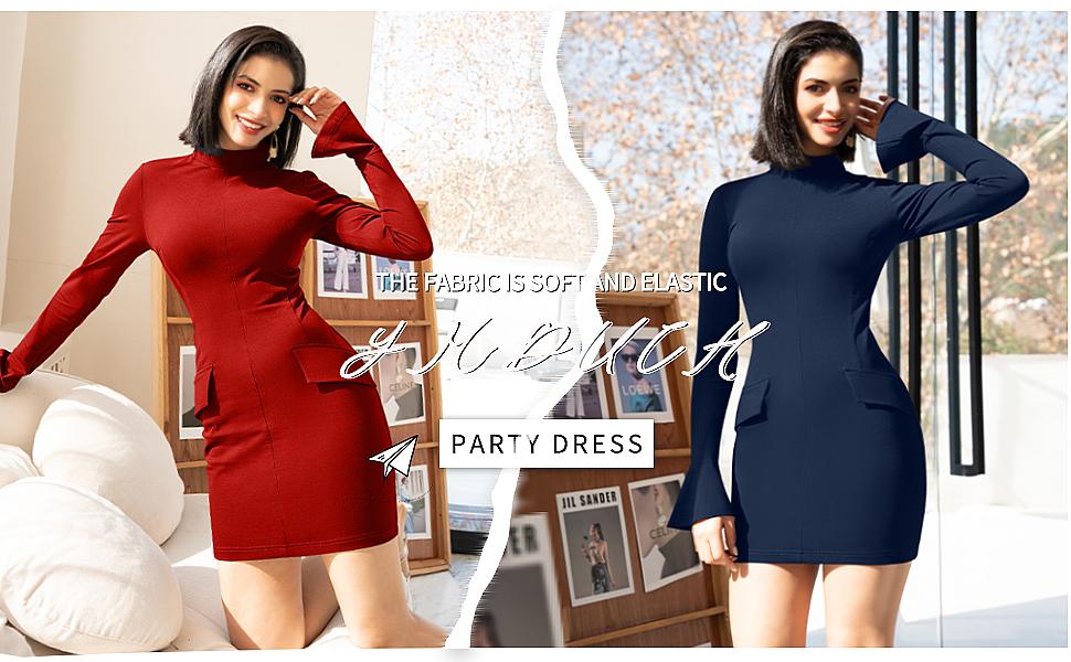OYS Women's Long Sleeve Mock Turtle Neck Bodycon Mini Tank Short Party Dress with Decorative Pockets & Zipper Back
