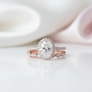 Solid 14K Rose Gold Oval Cut 1.5 Ct Diamond Option Halo Engagement Ring Set
