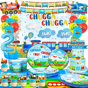 Chugga Chugga Two Two Party Decorations, 157 pcs Train Birthday Decorations, Train Party Tableware Set, Train Plates Cups Napkins Tablecloth Banner Balloons Backdrop etc, Train Birthday Party Supplies