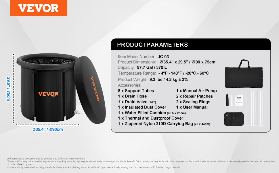 VEVOR Ice Bath Tub,  Cold Water Therapy Plunge Tub for Athletes, Portable Outdoor Ice Barrel Plunge Pool for Recovery, Max. 98 Gal Inflatable Folding Bathtub with Cover, Home Ice Pod for Adult