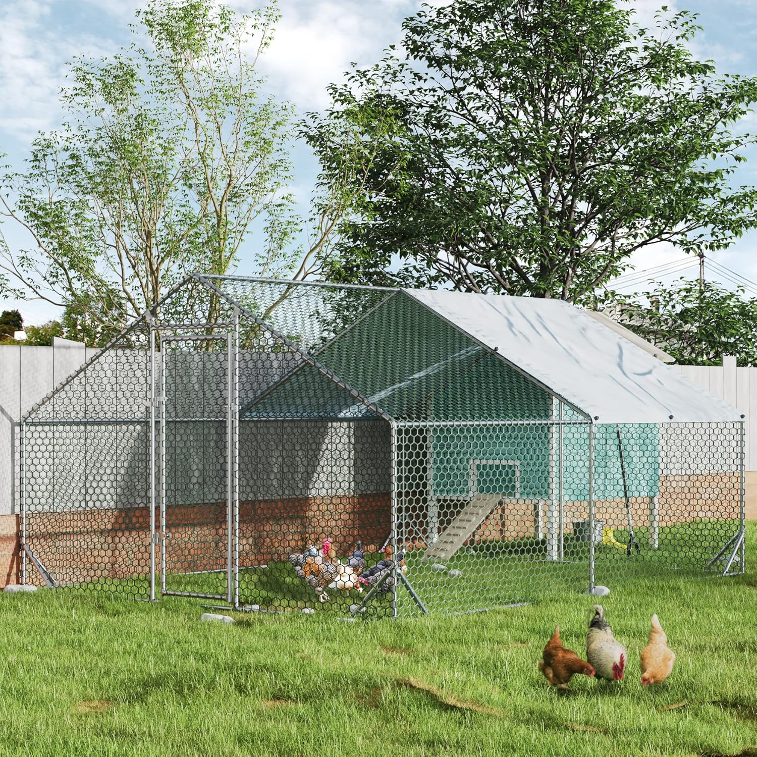 HOMBCK Large Metal Chicken Coop with Run Walk-in Poultry Cage, Spire Roofed Chicken Coops with Anti-Ultraviolet Cover for Outdoor Backyard Farm Use