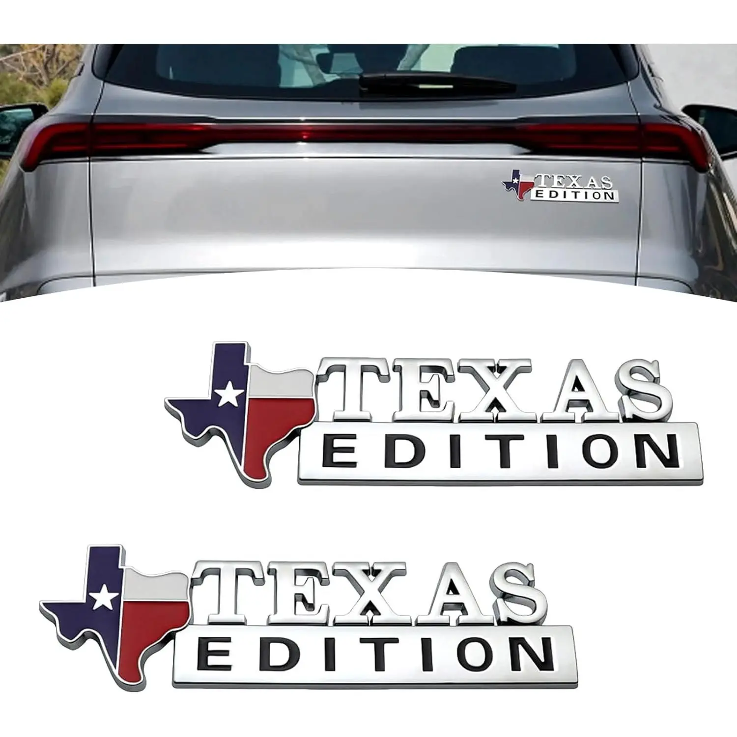 2 Pack Car Sticker with Adhesive, 6.3" x 1.9" Waterproof Metal ABS Texas Edition Decorative Decal, Universal Multifunctional Three-Dimensional DIY Accessories for Truck SUV Car (Silver)