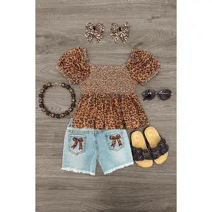 Cheetah Print Bow Denim Short Set
