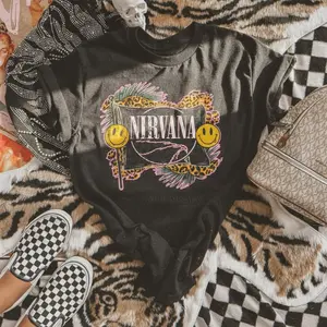 Nirvana Smiley Tee, Vintage Crewneck Sweatshirts, Western Outfits Women, Cowgirl Outfits, Western Clothing Stuff Tops, Retro Rock Band Tee, Women’s Clothes, USA Country Music Concert Outfits Hoodie, T-shirt mom life