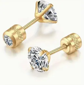 Pair of 4mm White Synthetic Zirconia Earrings with Floral Relief Design and Ear Plugs for Pierced Ears, Featuring Exterior Threaded Design. Popular in Europe and America, Perfect for Valentine's Day