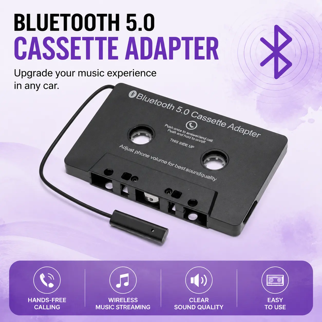 Bluetooth 5.0 Car Cassette Adapter - Wireless Audio Receiver Tape Converter for Car Stereo Radio, Compatible with Smartphones, Android Devices, MP3 Players, Tablets
