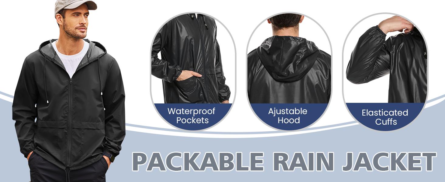 Men's Packable Jacket Outdoor Waterproof Hooded Lightweight Classic Cycling Raincoat for Hiking/Outdoor/Camping Fabric Menswear Zipper Breathable Relaxed Fit Long Sleeve Tops Athletic Outerwear Activewear Blazer