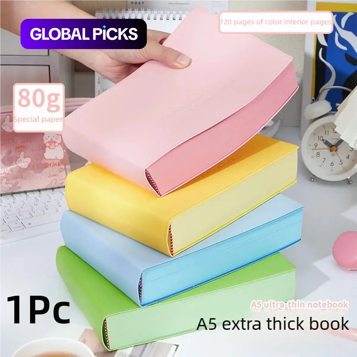 A5 Super Thick Dopamine Notebook, 4.5cm Thick 720 Pages, Soft PU Leather Cover 80 GSM Colored Pages with White Ribbon Bookmark, for Journal Study Daily Diary Travel Journaling Healing #GLOBAL PICKS