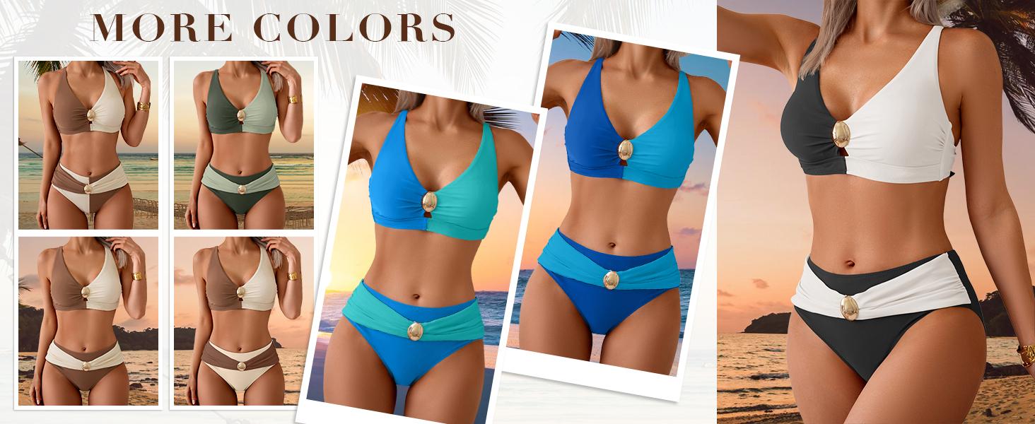Eomenie Bikini Sets for Women Color Block Two Piece Bathing Suit V Neck Tie Back Swimsuit Beachday Beachwear Swimwear #Spring Glow Up