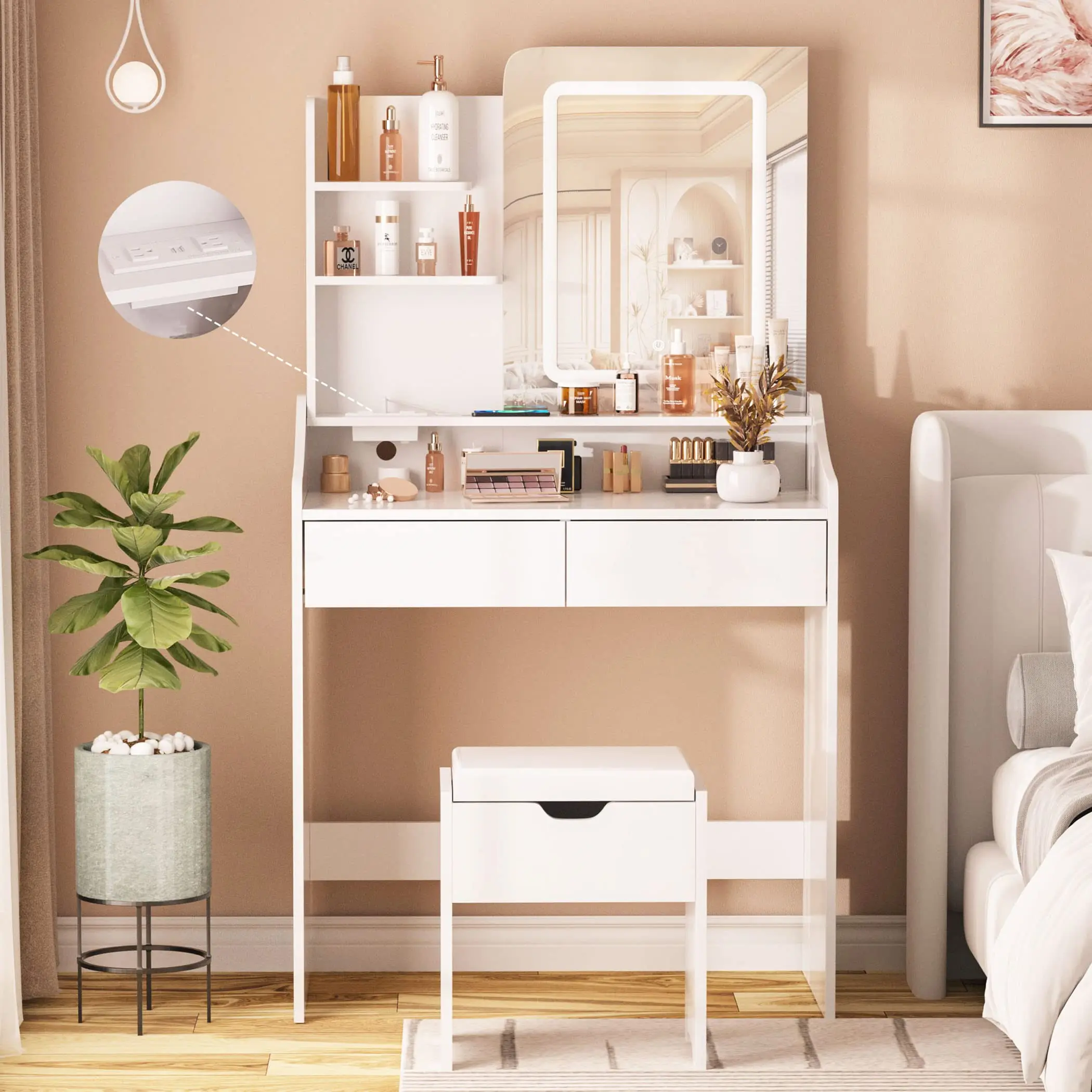 [tiktokshopbacktoschool] Vabches Vanity Desk with LED Light Mirror and Charging Station 30.3in, Small Vanity Set with 4 Storage Shelves 2 Drawers, Vanity for Girls Women with Storage Stool, Vanity Table for Bedroom