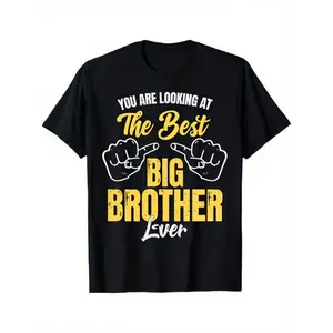 Men'S Big Brother Graphic T-Shirt - "You Are Looking at The Best Big Brother Ever" Sibling Design, Yellow & Lettering, Casual Short Sleeve Crewneck Tee, S-XXXL Sizes, All-Season Fit for Brothers Birthday, Christmas Gifts & Casual Attire - Premium Qu
