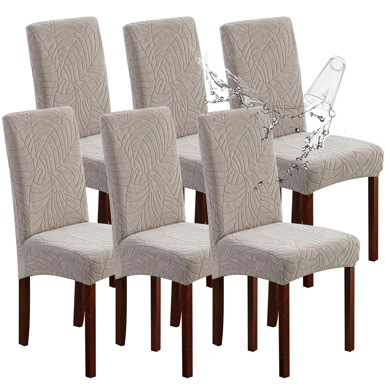 Waterproof Jacquard Fabric Dining Chair & Table Cover Set (2/4/6 Pieces with Seam, Light Gray) - Stretch Slipcover, High Back Protector Pad Fits 21"h Chairs, Parson-Style Kitchen Use, Home/Restaurant Sets, Dining Chair Slipcover
