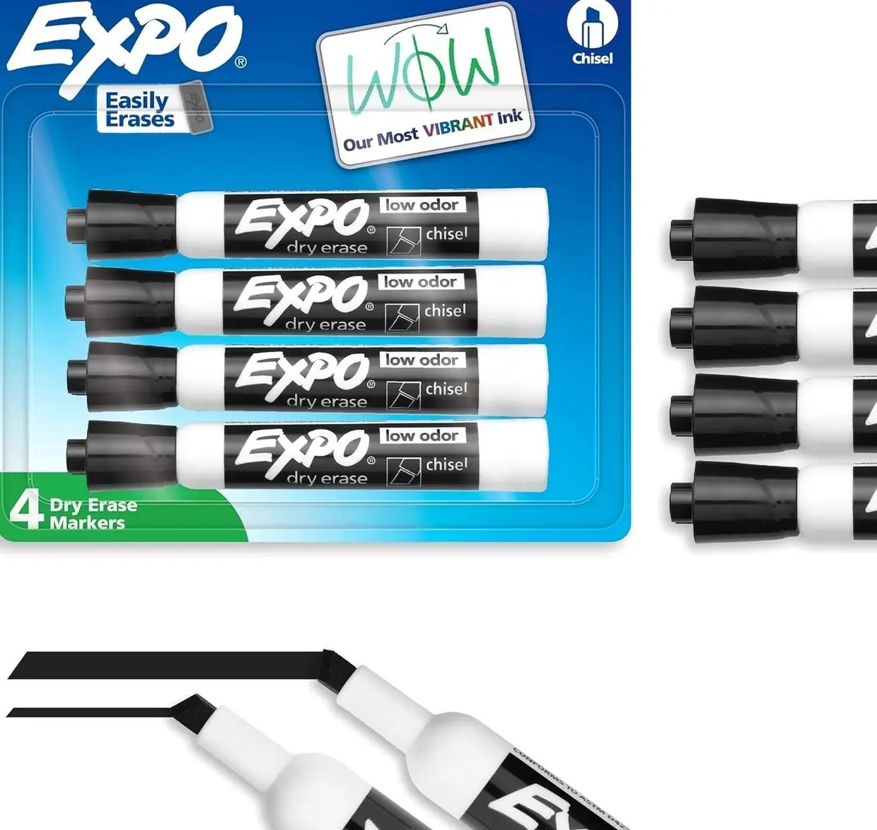 EXPO Dry Erase Markers, Low Odor Ink, Black, Chisel Tip, 4 Count - Whiteboard, Calendar, Organization, Essential Supplies for Office, School, Classroom, Teachers