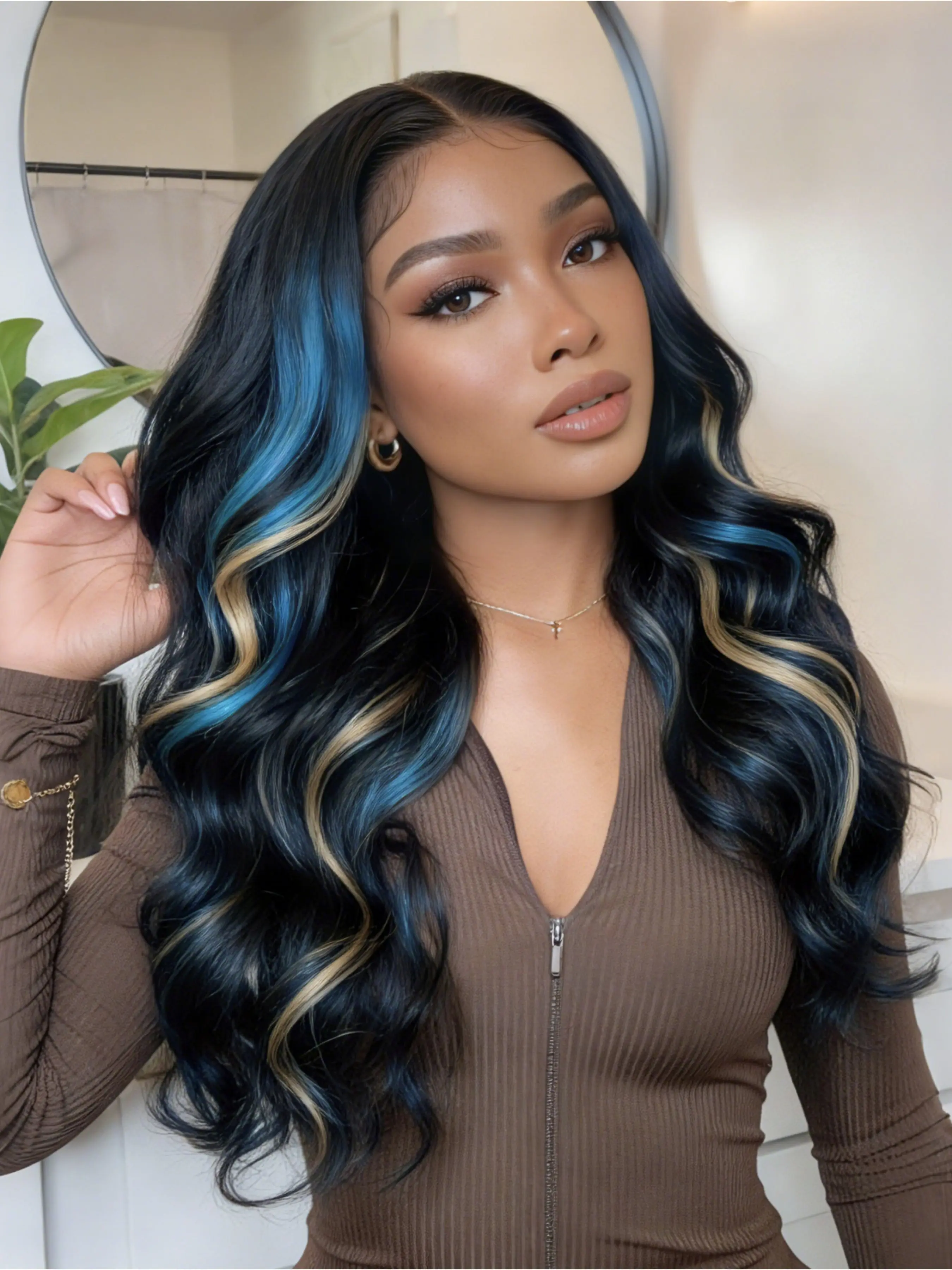 28" Ombre Black Body Wave Lace Front Wig with Blonde & Blue Highlights Pre-Plucked Natural Hairline 13x4 HD Transparent Lace Heat-Resistant Synthetic Hair Free Parting for Women Party Daily Wear Glueless Frontal Wig, Glueless Lace Wigs