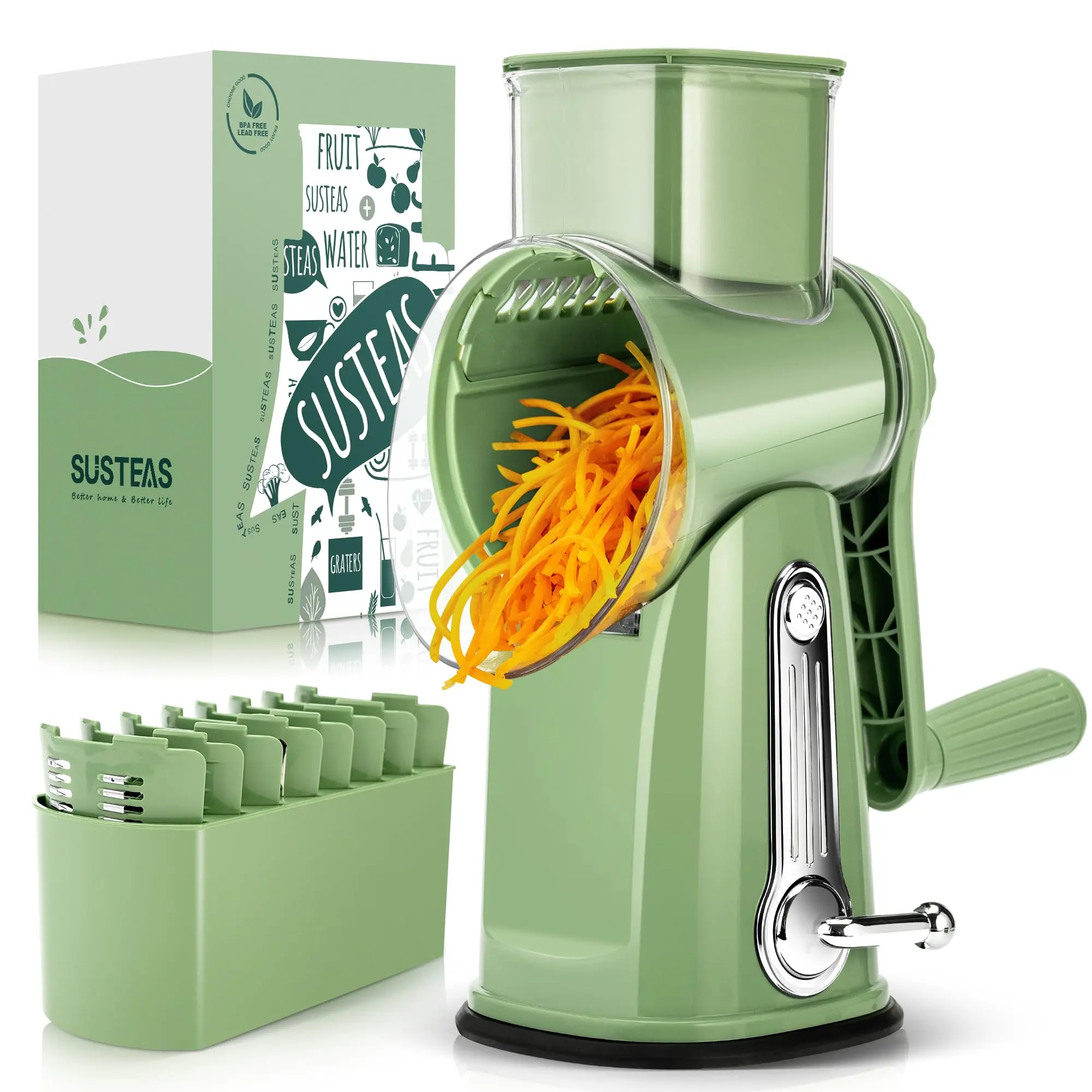 SUSTEAS 5-Blade Hand Crank Rotary Cheese Shredder & Kitchen Vegetable Slicer - Non-Slip Kitchen Utensil, Rock-Solid Suction Base, Ergonomic Handle, Stylish Retro Green, Compact Body Saves Counter Space, Fast Grating for Cheese, Veggies, Chocolate