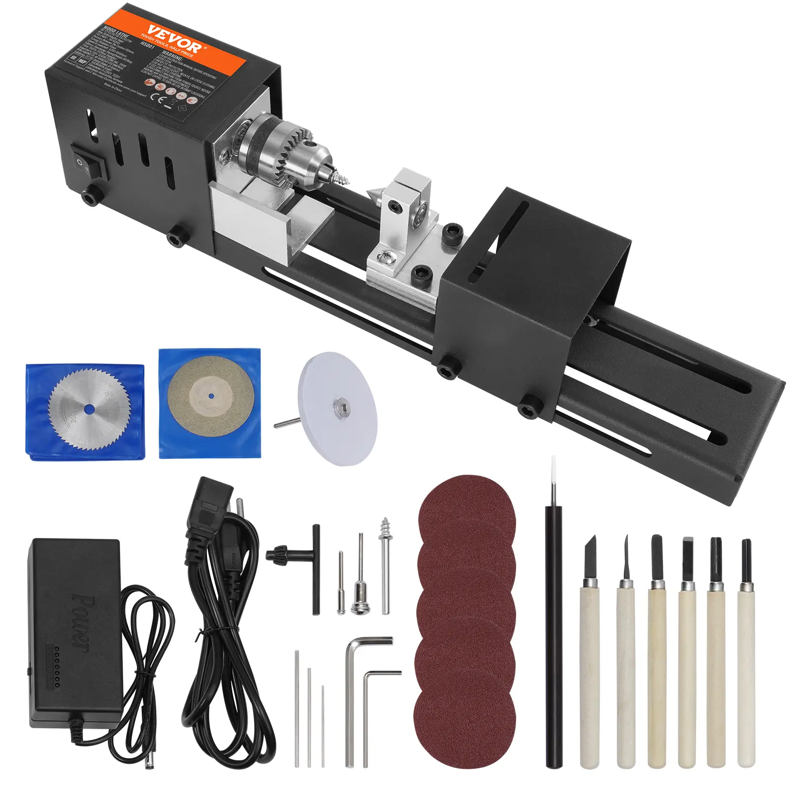 【Summerfinds】VEVOR Compact Lathe Machine with Milling Accessories, Allen Wrench, Adapter, Power Cord, 2.76x6.3in Size, 24VDC 96W Motor, 7-Speed Control (4220-8450 RPM), Aluminum Alloy Build, Ideal for DIY Woodworking, Paper & Cork Turning, Ball Fixing Pin
