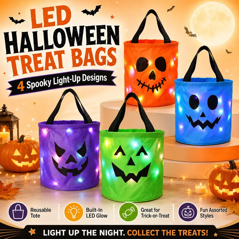 3/4 Pcs Halloween Candy Bucket with LED Lights, 13.39x8.66 Inch Trick or Treat Bags Non Woven Gift Bags Pumpkin Candy Bags Reusable Tote Bags for Kids Students Adults, Night Light Bags for Garden Lawn Decorations, Halloween Christmas Party Favor Supplies 3/4 Pcs Halloween Candy Bucket with LED Lights, 13.39x8.66 Inch Trick or Treat Bags Non Woven Gift Bags Pumpkin Candy Bags Reusable Tote Bags for Kids Students Adults, Night Light Bags for Garden Lawn Decorations, Halloween Christmas Party Favor Supplies