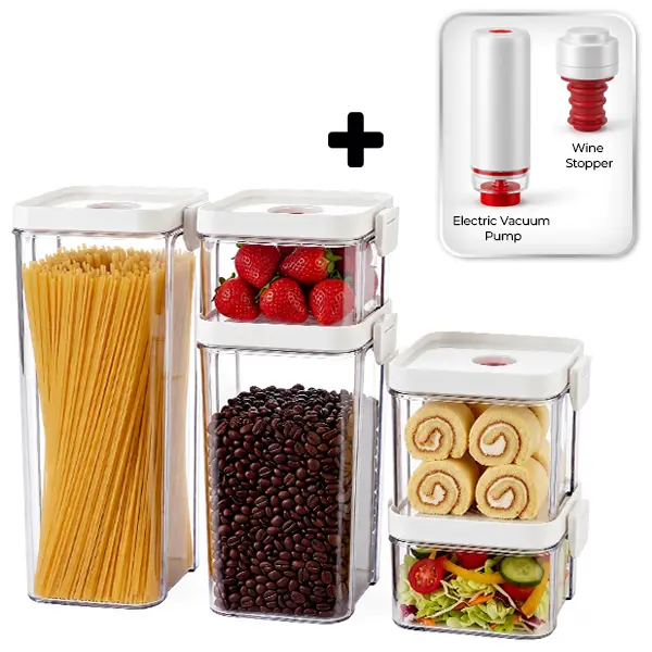 [Buy 1 Get 7] SUSTEAS Kitchen Multi-Size Vacuum Seal Food Storage Container Set with Electric Vacuum Pump, 5 Airtight Leakproof BPA-Free Stackable Kitchen Utensils for Meal Prep, Pantry Organization