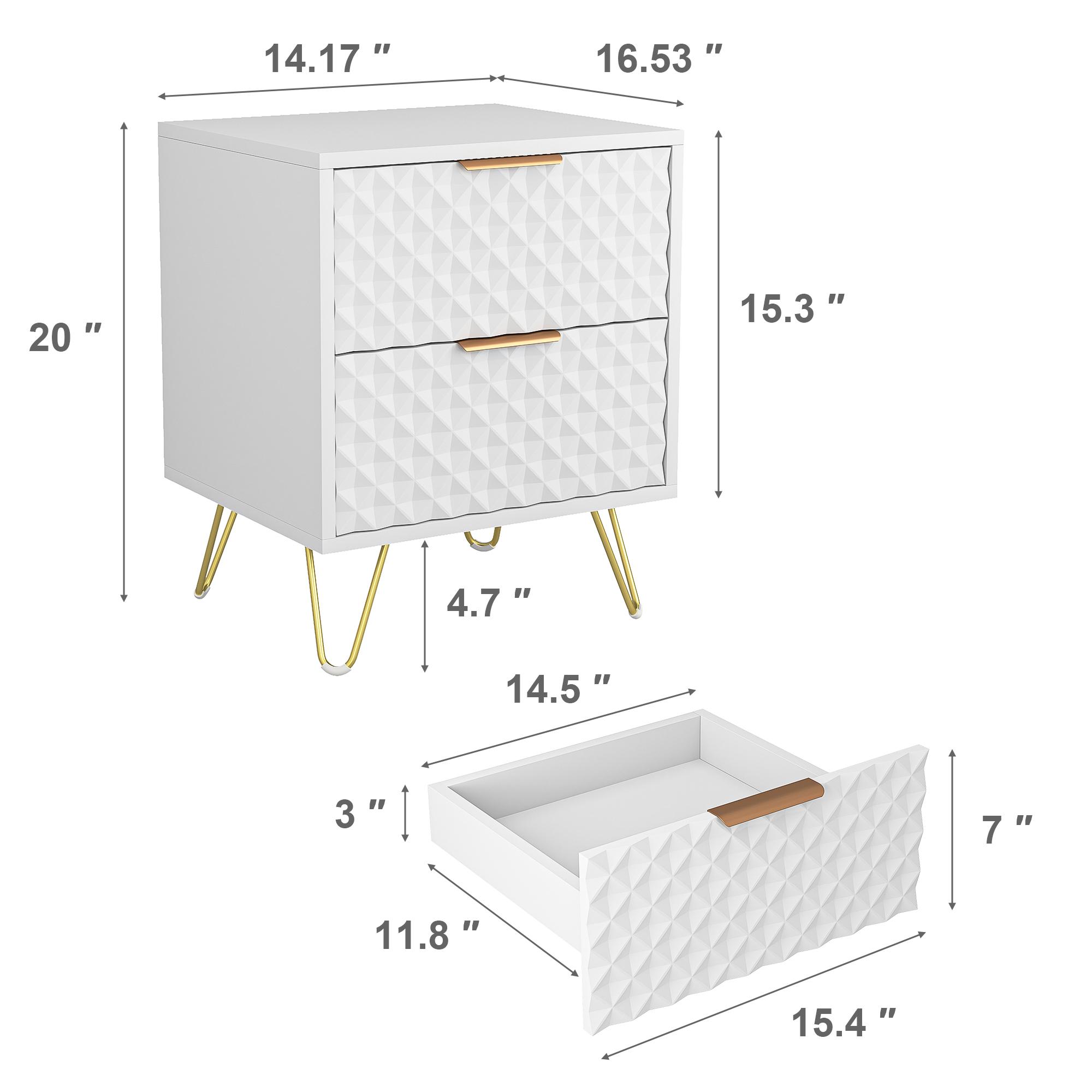 Spaco Nightstands  Set of 2, Side Table with 2 Rhombus-Shaped Decorated Drawers, End Table with Gold Legs and Handles, Wood Accent Table with Storage for Bedroom, White, 2 pcs
