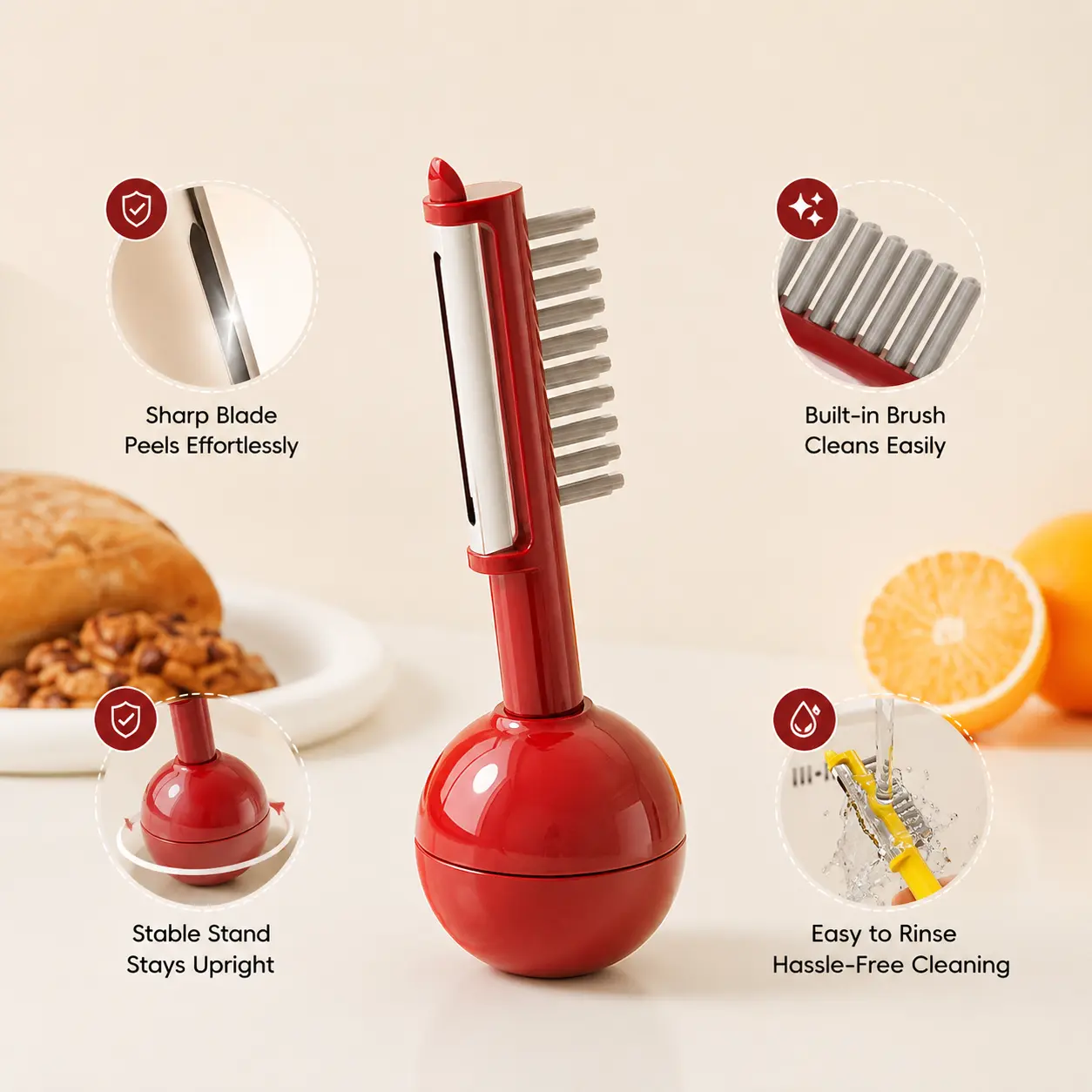1-Count Multi-functional Fruit Vegetable Peeler with Handles - Food-Grade Sharp Blade, Built-in Cleaning Brush, Potato Sprout Remover for Home Kitchen Utensils Use