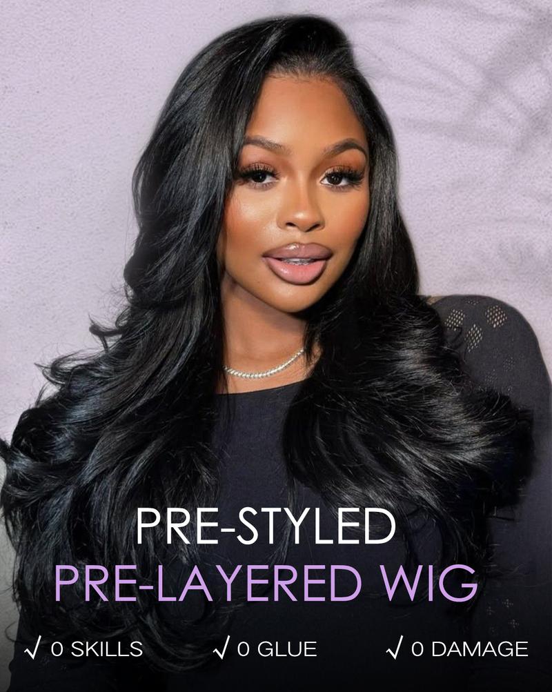[Must-Have Wig] Wavymy Pre-Styled Butterfly Cut Layer Yaki Straight Natural Wave V Part&Half Wig Beginner Friendly Glueless No Lace Easy Install 250% Density 100% Human Hair Natural Realistic Hairline Comfortable Protective Styling Daily