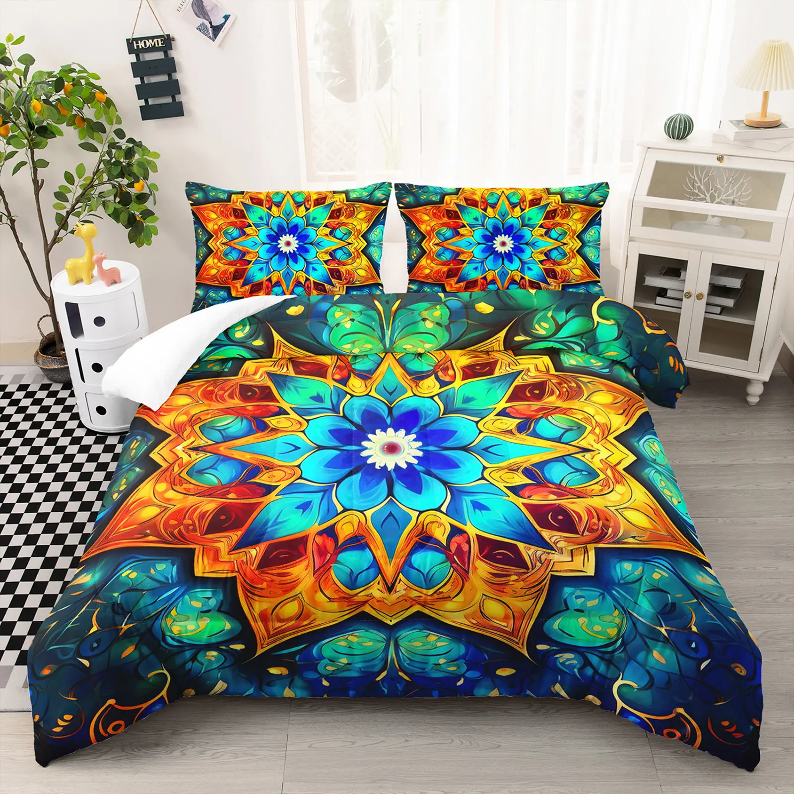 3pcs Floral Mandala Queen Comforter Set - Boho Bedding, Vibrant Breathable Microfibre Bedding, Lightweight Soft Warm All-Seasons Machine-Wash Quilt with 2 Pillowcases, Ideal for Girls' Bedrooms, Family Gift