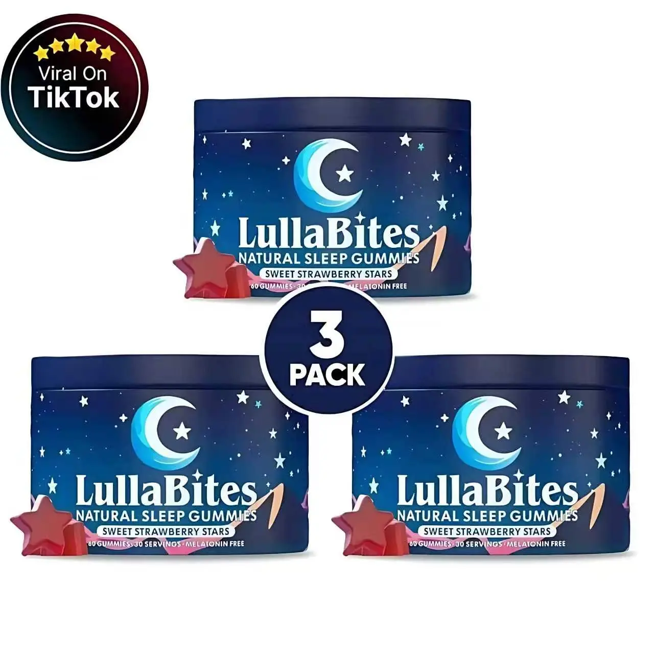 【3 PACK】LullaBites Melatonin-Free Sleep Gummies - Sweet Strawberry Stars Flavor, 30 Servings, Natural Nighttime Wellness Support Supplement