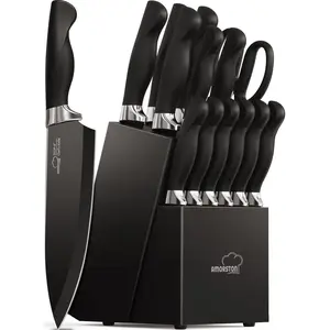Knife Set, 15 Pieces Knife Sets for Kitchen with Block, Dishwasher Safe Kitchen Knife Set with Built in Sharpener Block, German Stainless Steel Knife Block Set, Black