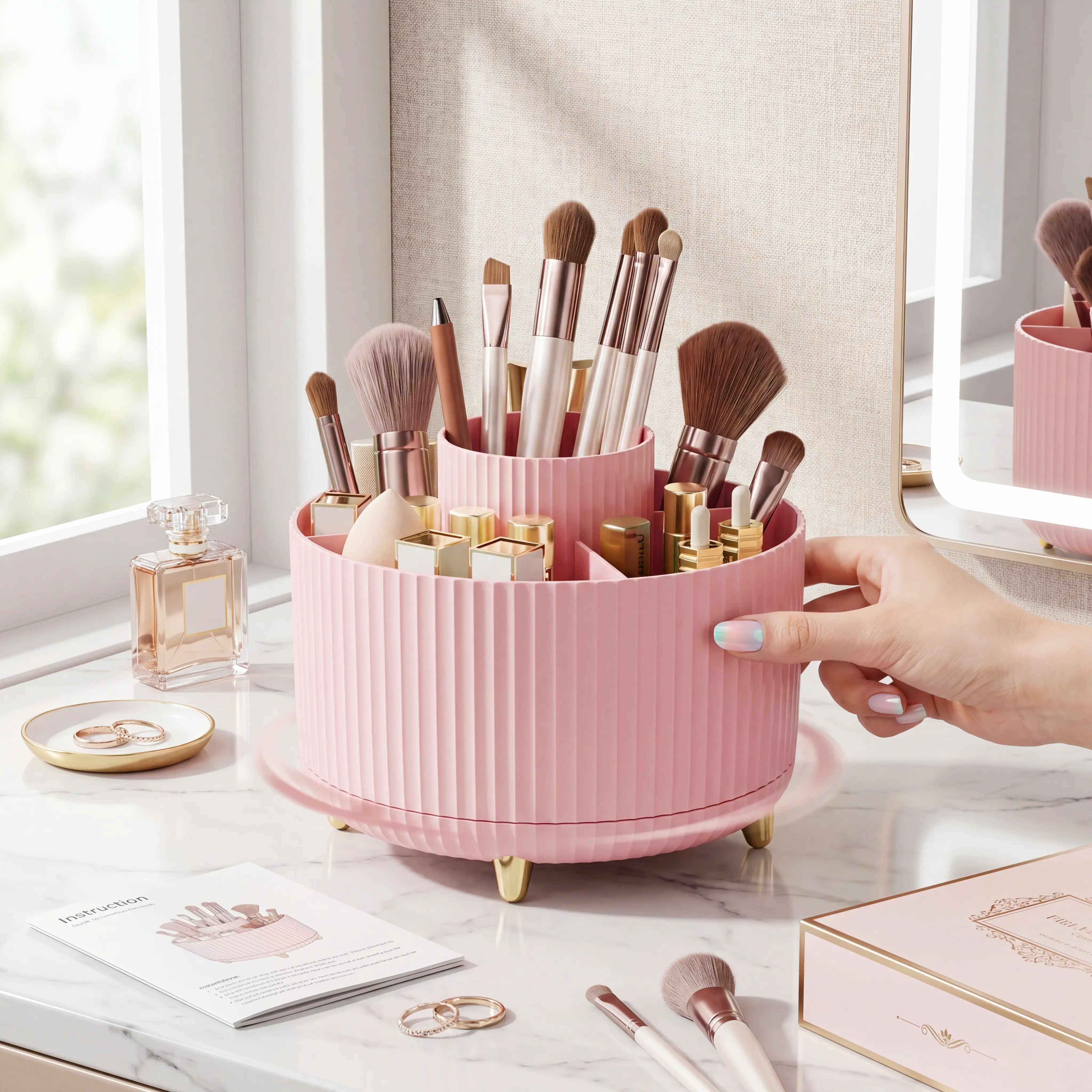 Ribbed French Country 360-Degree Rotatable Plastic Makeup Organizer, 5-Compartment Minimalist White Gold Desktop Cosmetic & Nail Tool Storage Holder, Practical Desk Decor